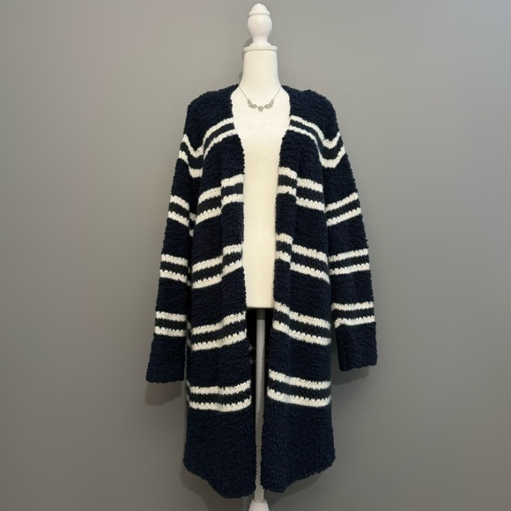 EUC Molly & Isadora Navy & White Striped Popcorn Knit Long Open Cardigan Size 3X